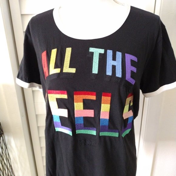VICTORIA Secret Pink T-Shirt All The Feels in Rainbow Colors‎ short sleeve Sz L - Picture 5 of 6